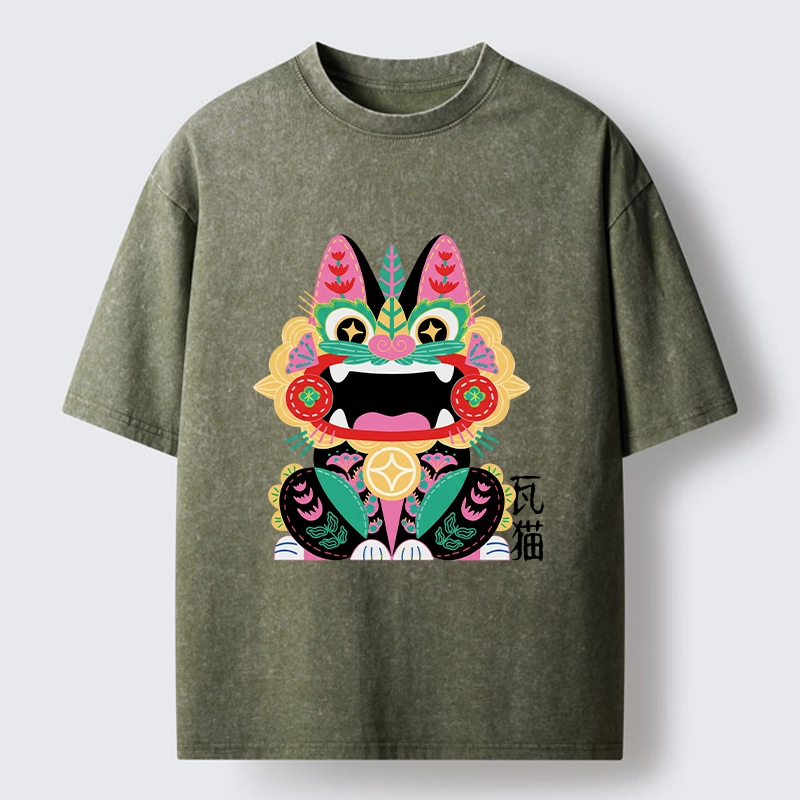 Tokyo-Tiger Colorful Meme Cat With Folk Style Washed T-Shirt