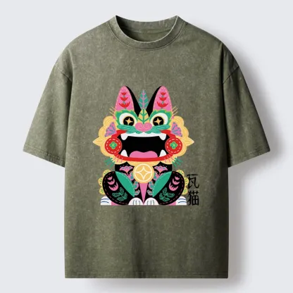 Tokyo-Tiger Colorful Meme Cat With Folk Style Washed T-Shirt