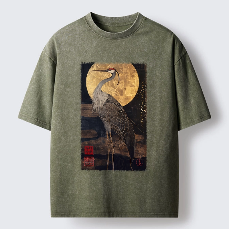 Tokyo-Tiger Golden Crane Under The Full Moon Washed T-Shirt