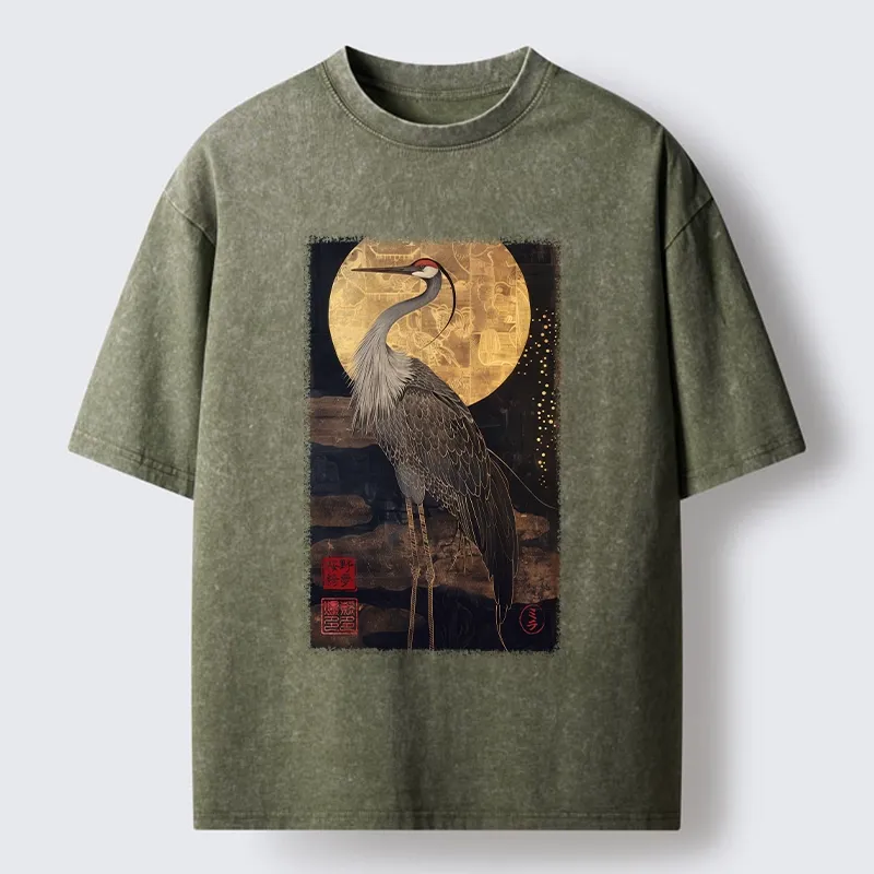 Tokyo-Tiger Golden Crane Under The Full Moon Washed T-Shirt