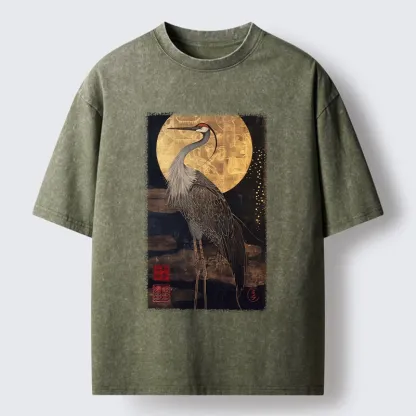 Tokyo-Tiger Golden Crane Under The Full Moon Washed T-Shirt