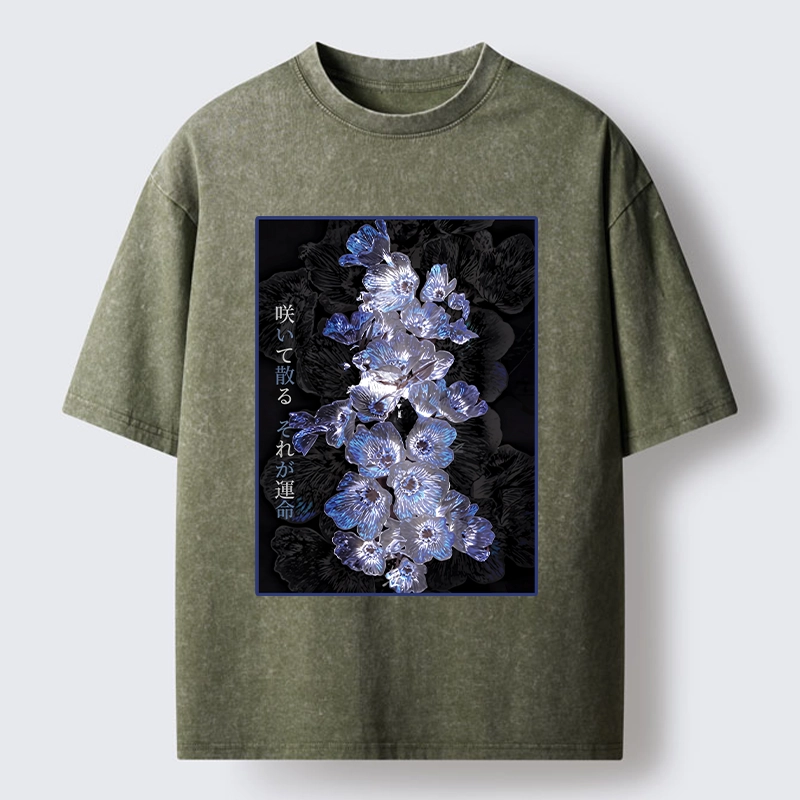 Tokyo-Tiger Glowing Blue Flowers In The Dark Washed T-Shirt