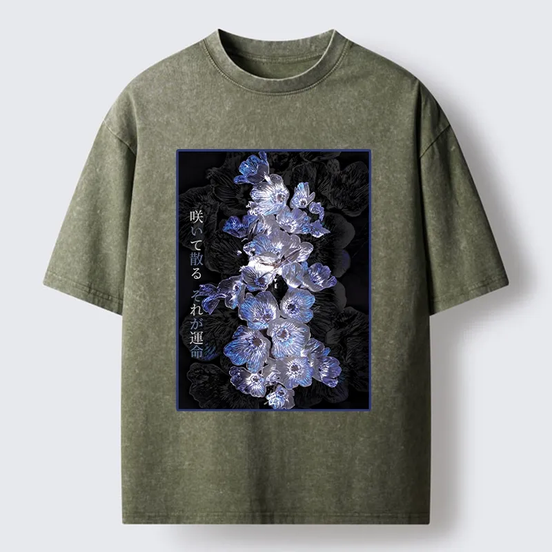 Tokyo-Tiger Glowing Blue Flowers In The Dark Washed T-Shirt