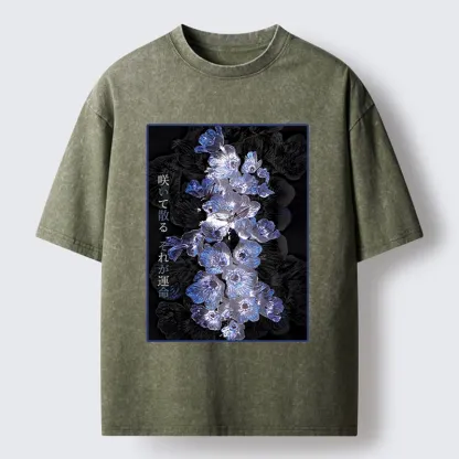 Tokyo-Tiger Glowing Blue Flowers In The Dark Washed T-Shirt
