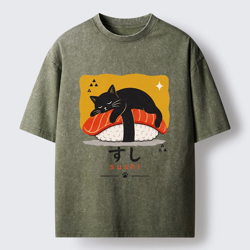 Tokyo-Tiger Black Cat Napping On Salmon Sushi Washed T-Shirt