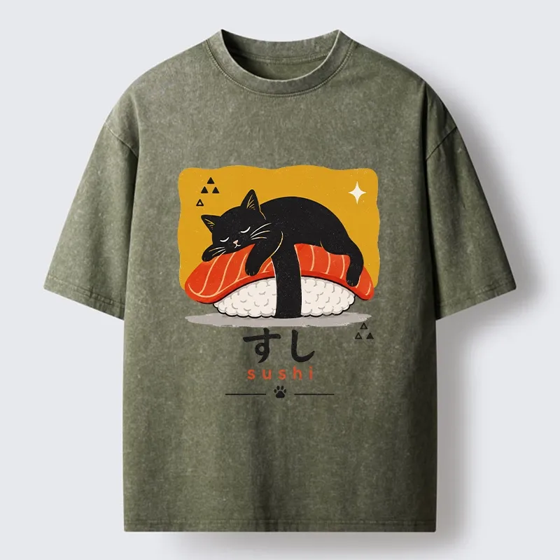 Tokyo-Tiger Black Cat Napping On Salmon Sushi Washed T-Shirt