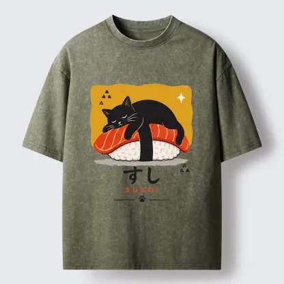 Tokyo-Tiger Black Cat Napping On Salmon Sushi Washed T-Shirt