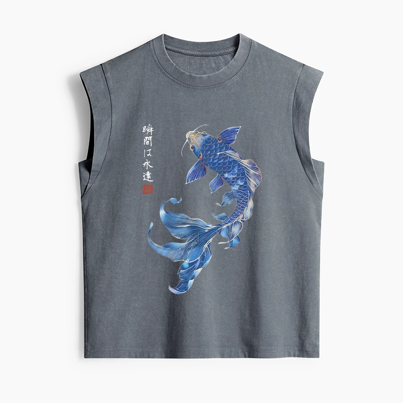 Tokyo-Tiger Lucky Blue Koi Fish Art Women's Washed Tank Tops