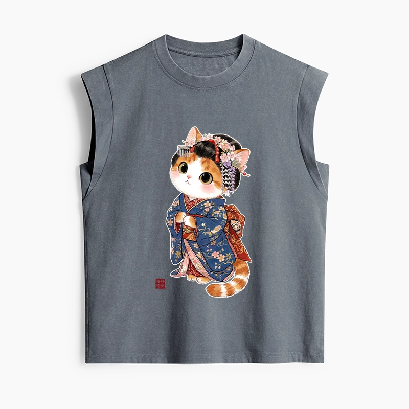 Tokyo-Tiger Cat Dressed As A Geisha Funny Women's Washed Tank Tops