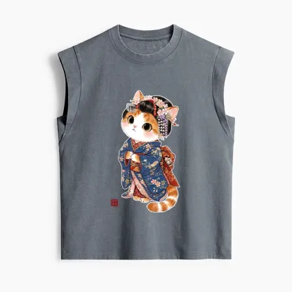 Tokyo-Tiger Cat Dressed As A Geisha Funny Women's Washed Tank Tops