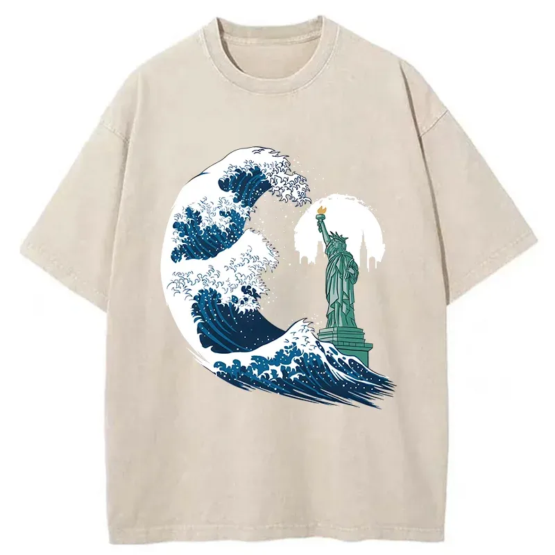 Tokyo-Tiger Waves And The Statue Of Liberty Washed T-Shirt