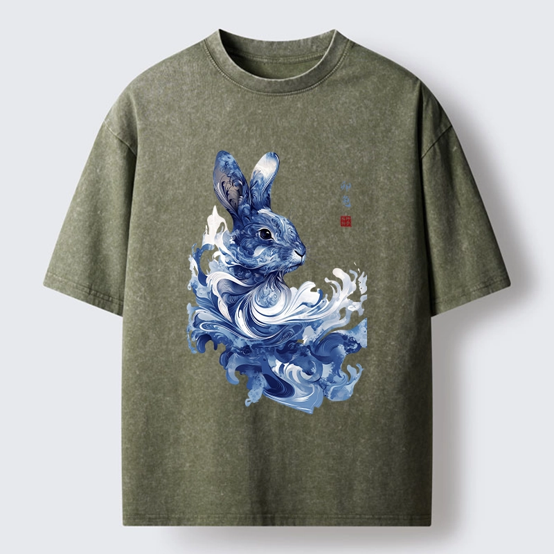 Tokyo-Tiger Blue And White Rabbit Art Washed T-Shirt