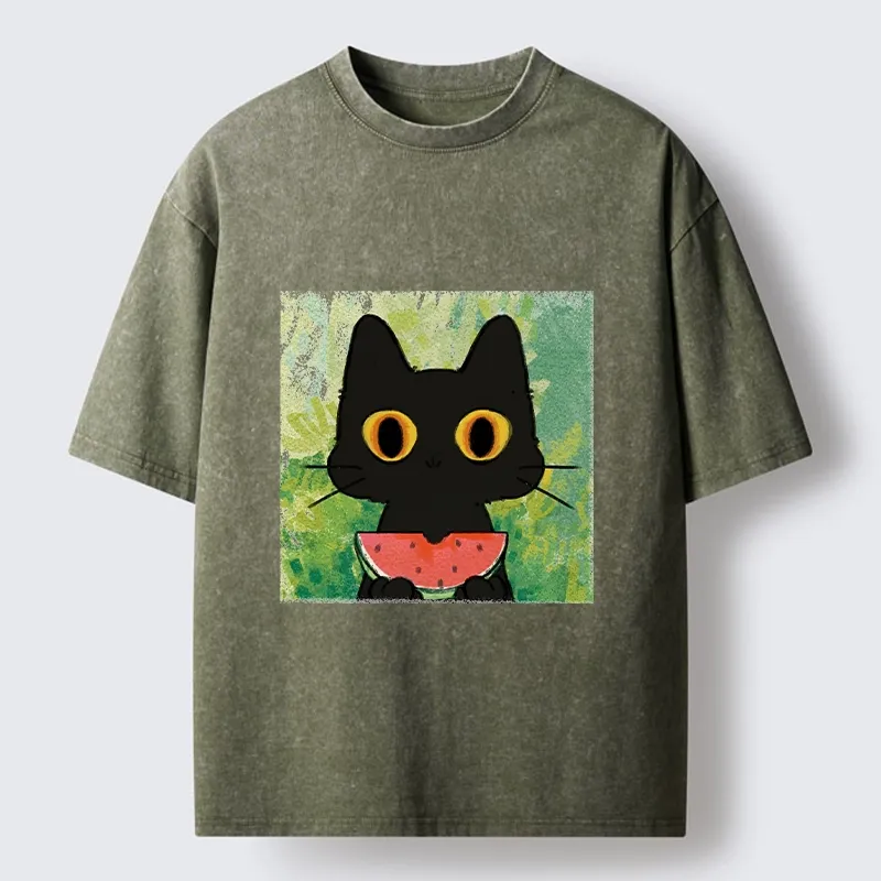 Tokyo-Tiger Black Cat Loves Watermelon Washed T-Shirt
