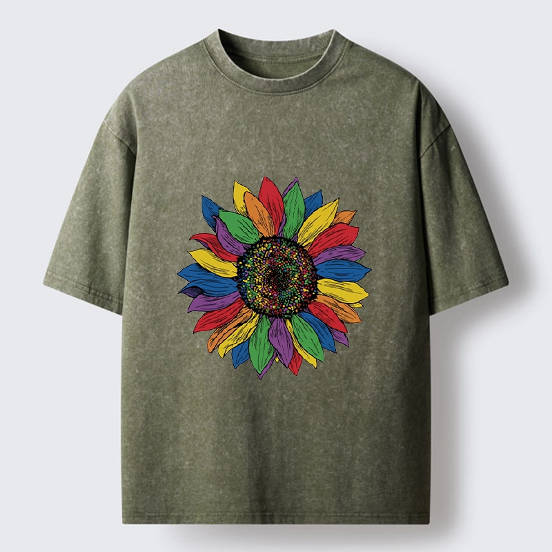 Tokyo-Tiger Rainbow Sunflower Pride Art Washed T-Shirt