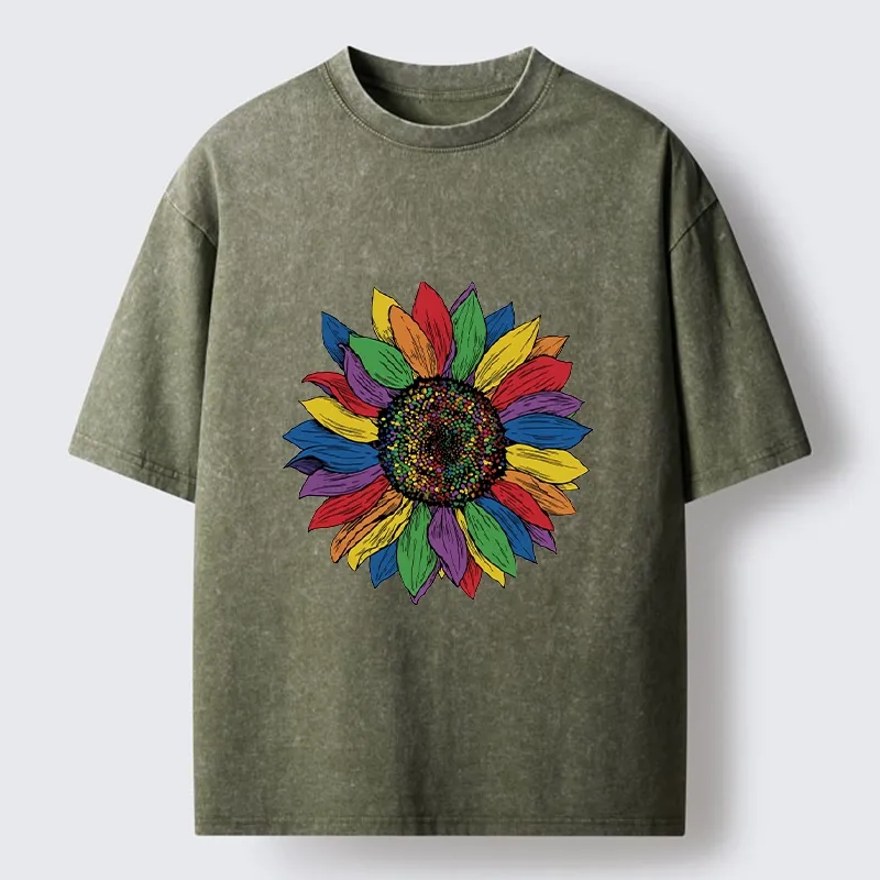 Tokyo-Tiger Rainbow Sunflower Pride Art Washed T-Shirt