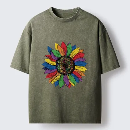 Tokyo-Tiger Rainbow Sunflower Pride Art Washed T-Shirt