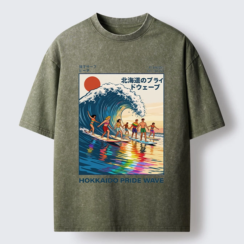 Tokyo-Tiger Hokkaido Pride Wave Surfing Fun Washed T-Shirt