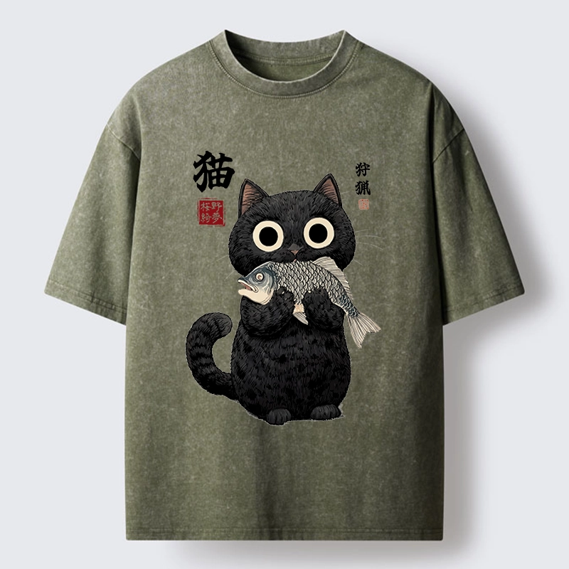 Tokyo-Tiger Black Cat Caught A Big Fish Washed T-Shirt