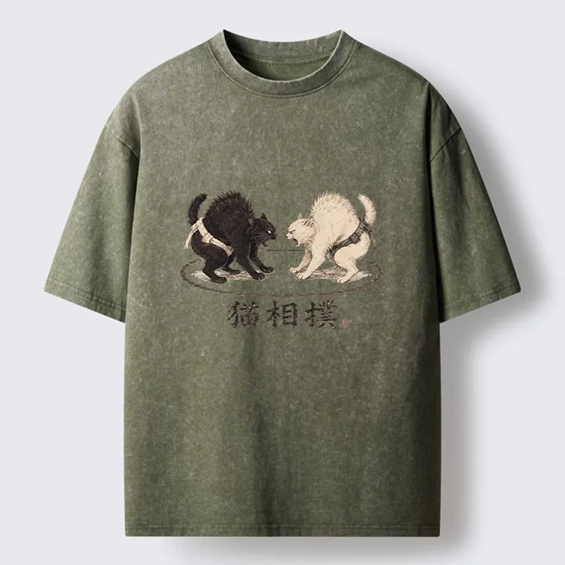 Tokyo-Tiger Cat Sumo Battle Funny Meme Washed T-Shirt
