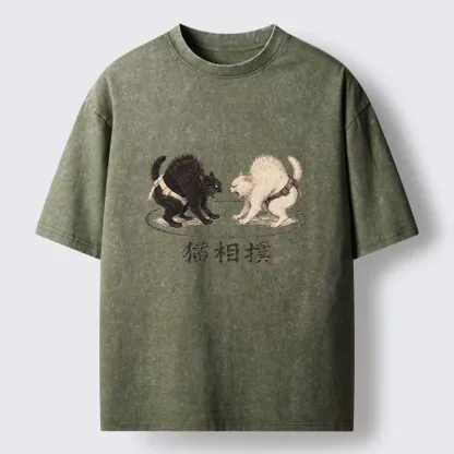 Tokyo-Tiger Cat Sumo Battle Funny Meme Washed T-Shirt