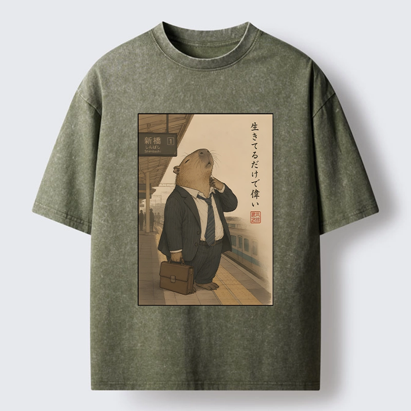 Tokyo-Tiger Funny Capybara Office Worker Meme Washed T-Shirt