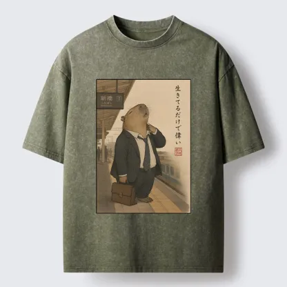 Tokyo-Tiger Funny Capybara Office Worker Meme Washed T-Shirt