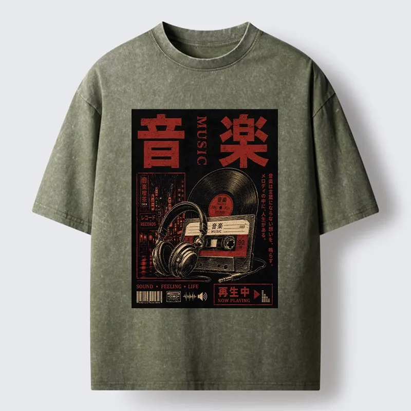 Tokyo-Tiger Retro Music Lovers Washed T-Shirt