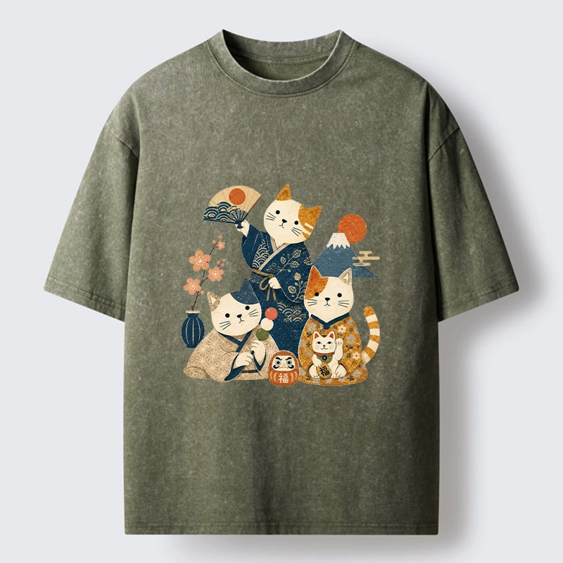 Tokyo-Tiger Lucky Cats Enjoying Traditional Japan Vibes Washed T-Shirt