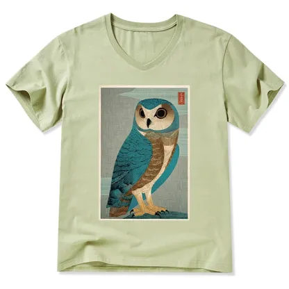 Tokyo-Tiger Vintage Owl Woodblock Art V-Neck Classic T-Shirt