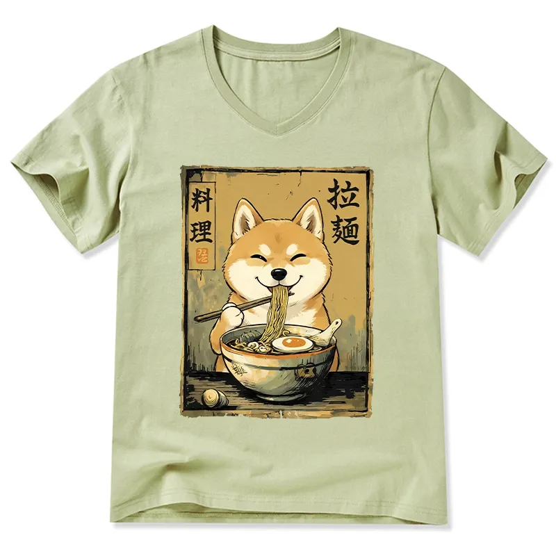 Tokyo-Tiger Happy Shiba Eating Ramen V-Neck Classic T-Shirt