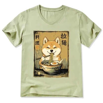 Tokyo-Tiger Happy Shiba Eating Ramen V-Neck Classic T-Shirt