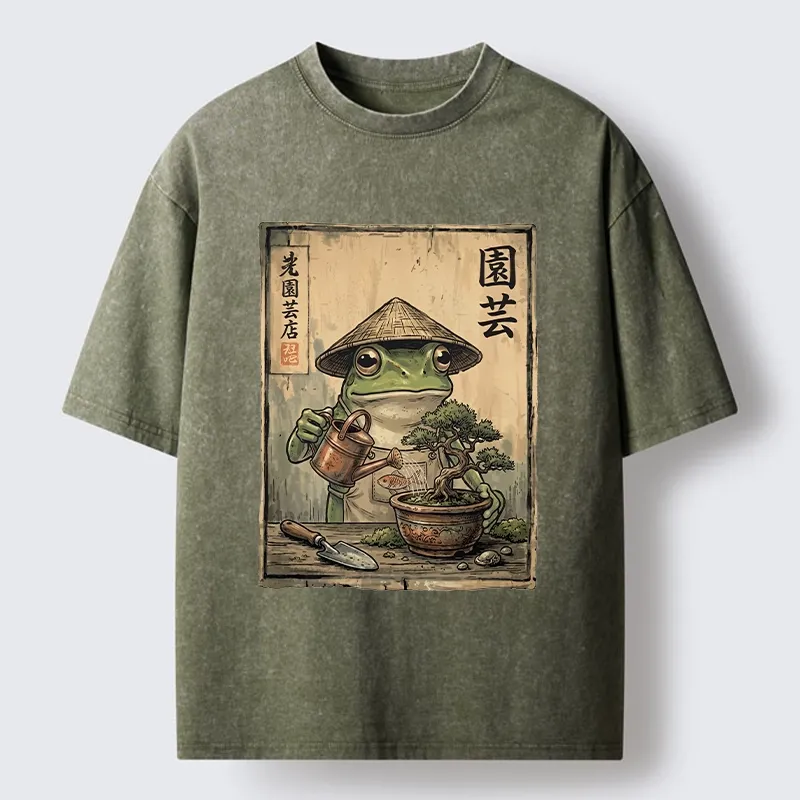 Tokyo-Tiger Frog Takes Good Care Of Bonsai Washed T-Shirt