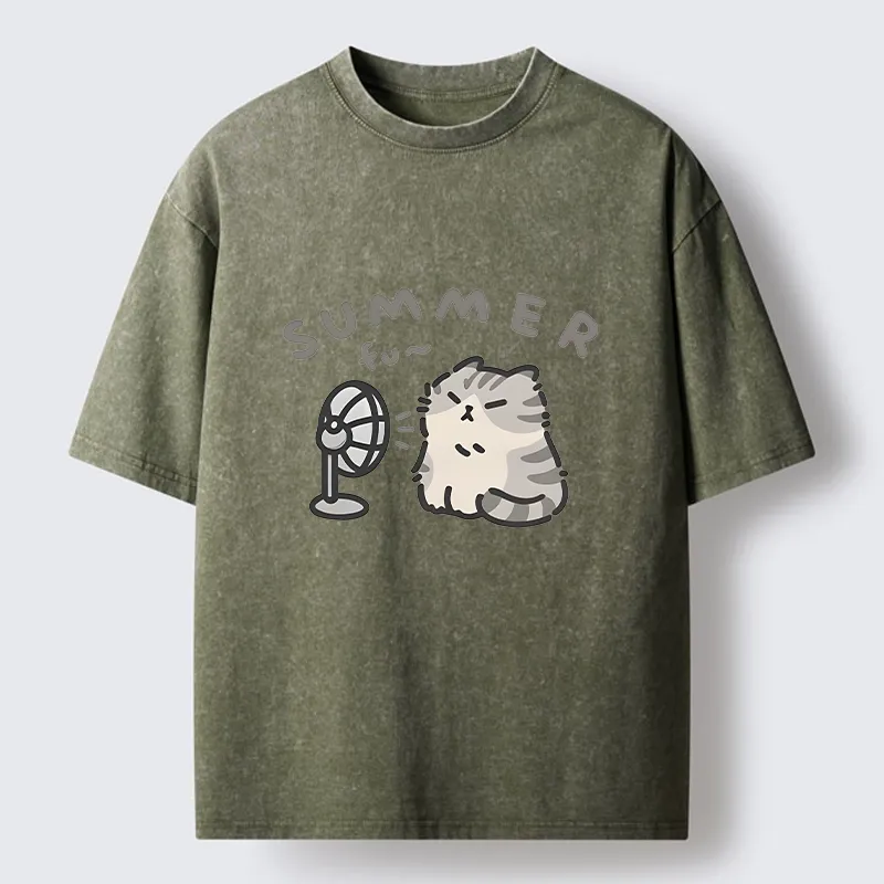 Tokyo-Tiger Summer Cat Chills With A Fan Washed T-Shirt