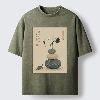 Tokyo-Tiger Turtle And Crane Traditional Art Washed T-Shirt