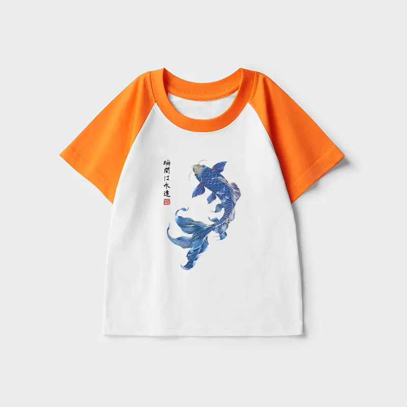 Tokyo-Tiger Lucky Blue Koi Fish Art Kids Raglan T-shirt