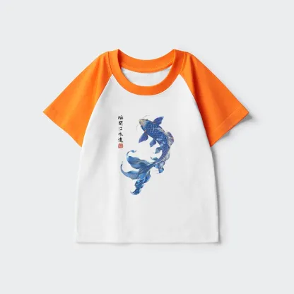 Tokyo-Tiger Lucky Blue Koi Fish Art Kids Raglan T-shirt