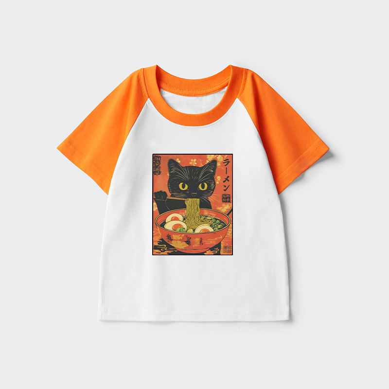 Tokyo-Tiger Hungry Black Cat Loves Ramen Kids Raglan T-shirt