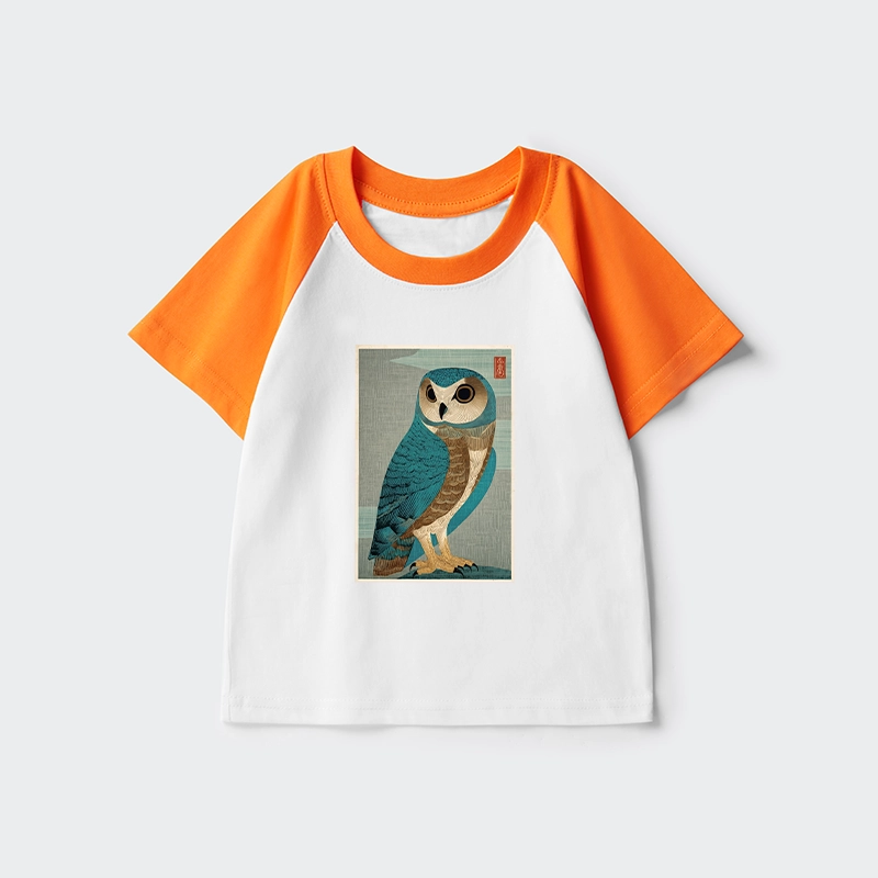 Tokyo-Tiger Vintage Owl Woodblock Art Kids Raglan T-shirt