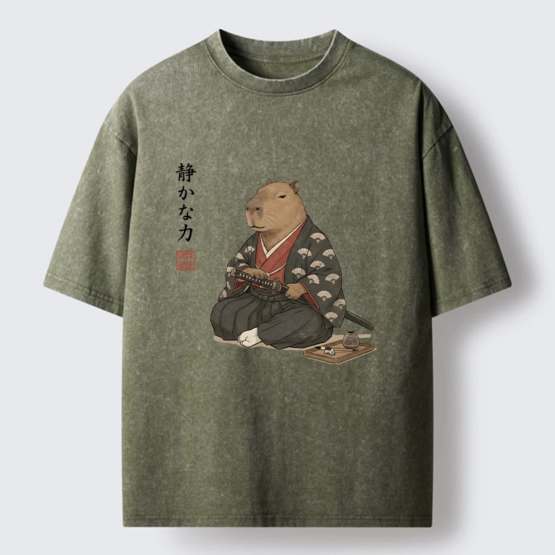 Tokyo-Tiger Calm Samurai Capybara With Katana Meme Washed T-Shirt