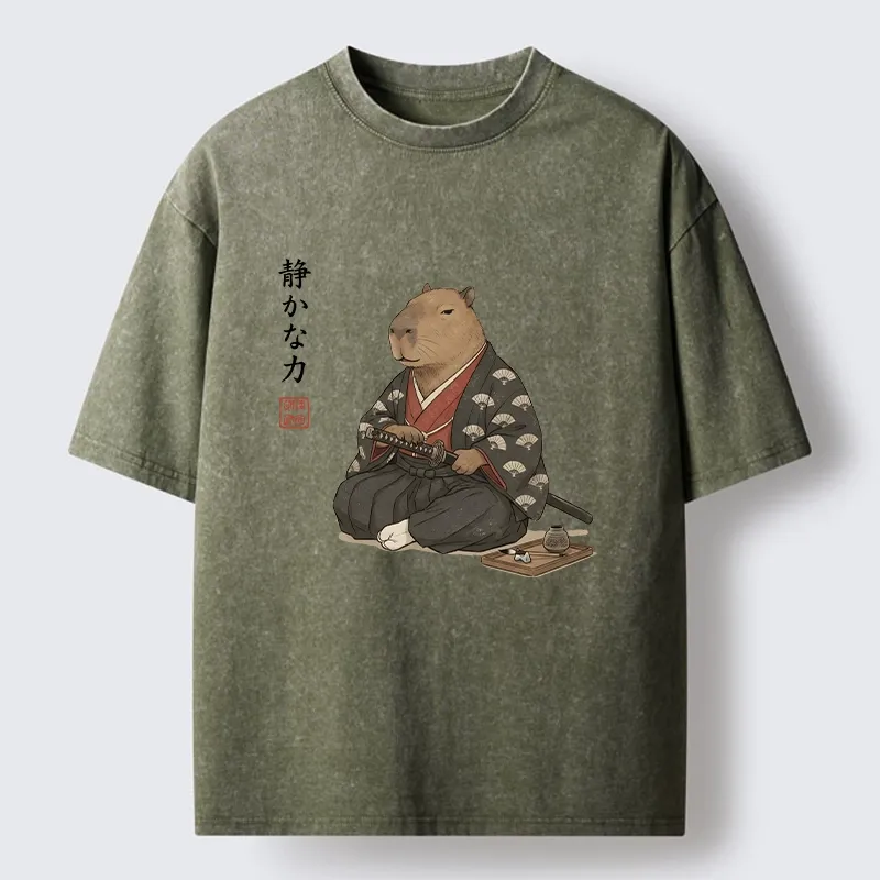 Tokyo-Tiger Calm Samurai Capybara With Katana Meme Washed T-Shirt