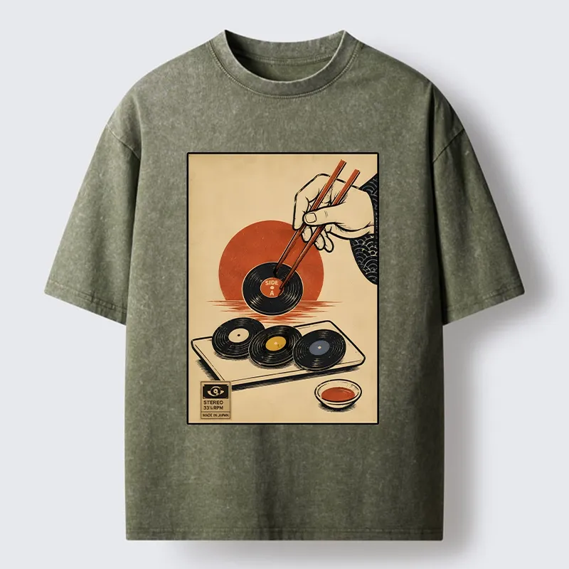 Tokyo-Tiger Chopsticks And Vinyl Sushi Art Washed T-Shirt