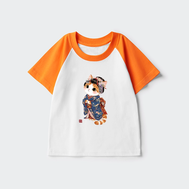 Tokyo-Tiger Cat Dressed As A Geisha Funny Kids Raglan T-shirt
