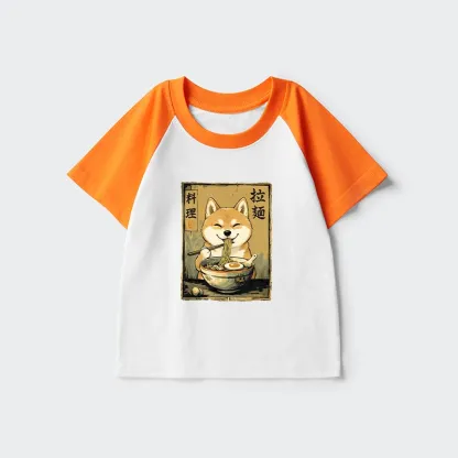 Tokyo-Tiger Happy Shiba Eating Ramen Kids Raglan T-shirt