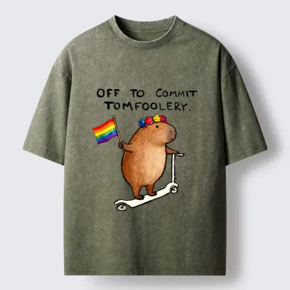 Tokyo-Tiger Pride Capybara On Scooter Meme Washed T-Shirt