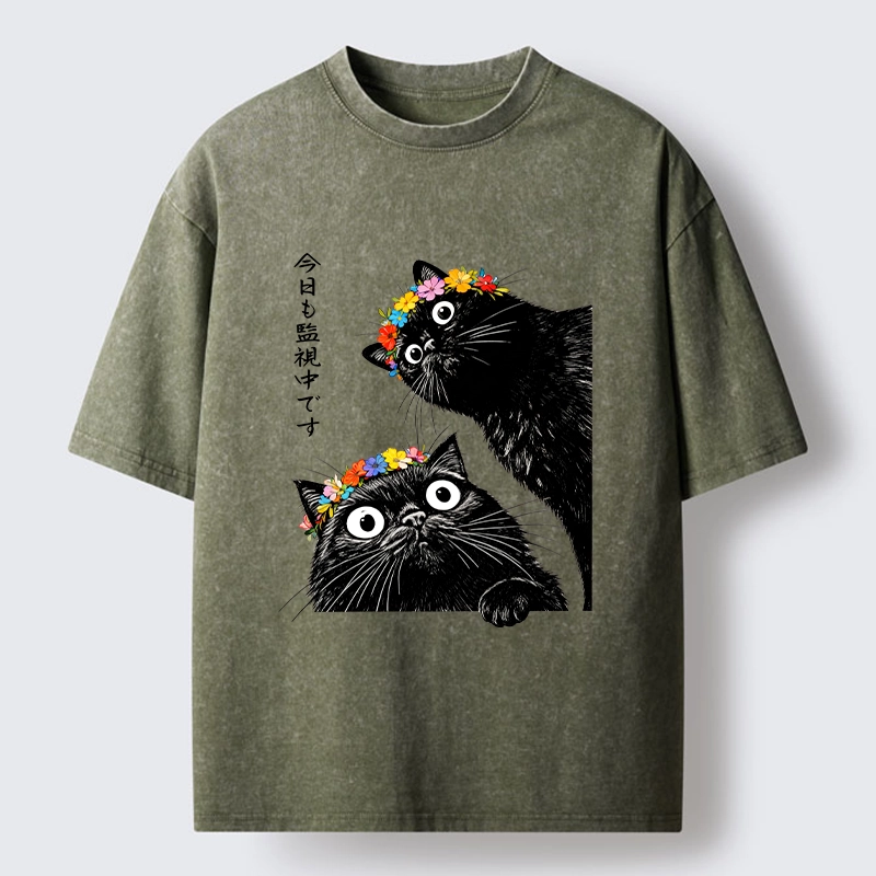 Tokyo-Tiger Flower Crown Black Cat Washed T-Shirt