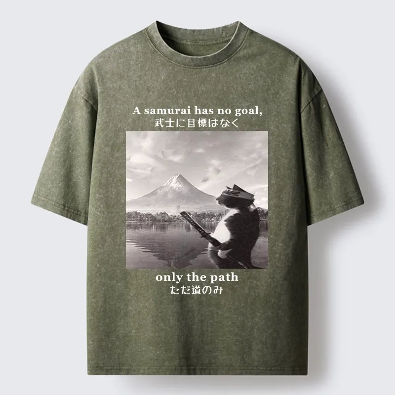 Tokyo-Tiger Samurai Cat At Mount Fuji Washed T-Shirt