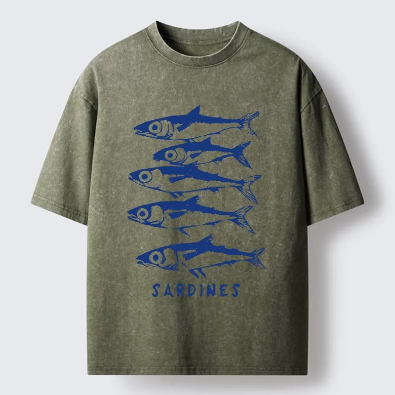 Tokyo-Tiger Blue And White Sardines Linocut Art Washed T-Shirt