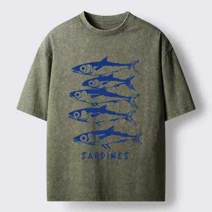 Tokyo-Tiger Blue And White Sardines Linocut Art Washed T-Shirt