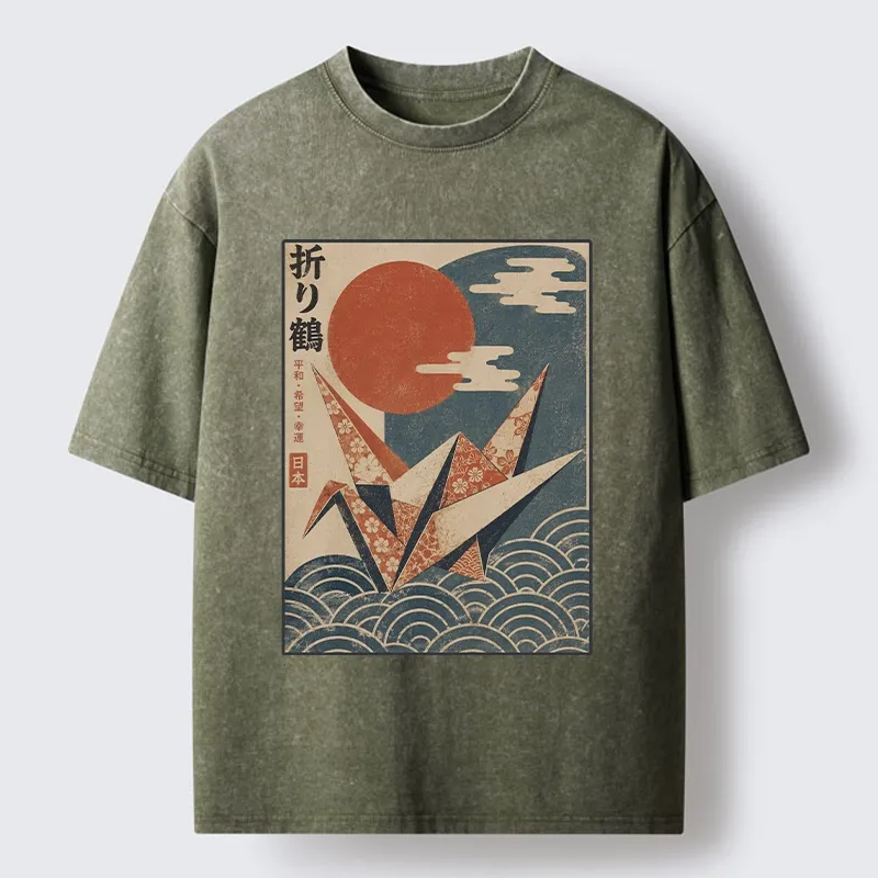 Tokyo-Tiger Japanese Origami Crane Vintage Print Washed T-Shirt