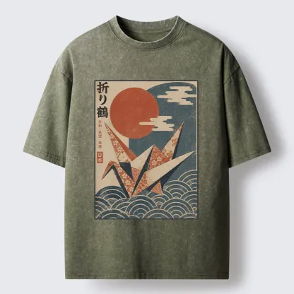 Tokyo-Tiger Japanese Origami Crane Vintage Print Washed T-Shirt